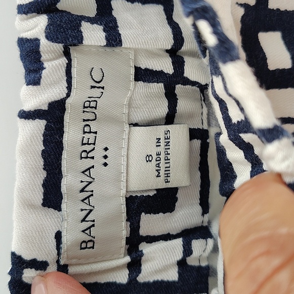 Banana Republic Factory Mini Skirt Linen Blend Blue White Geometric Print Size 8 - Picture 2 of 5